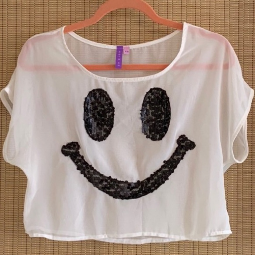 LF Emma & Sam Sequin Smiley Face Sheer Crop Top